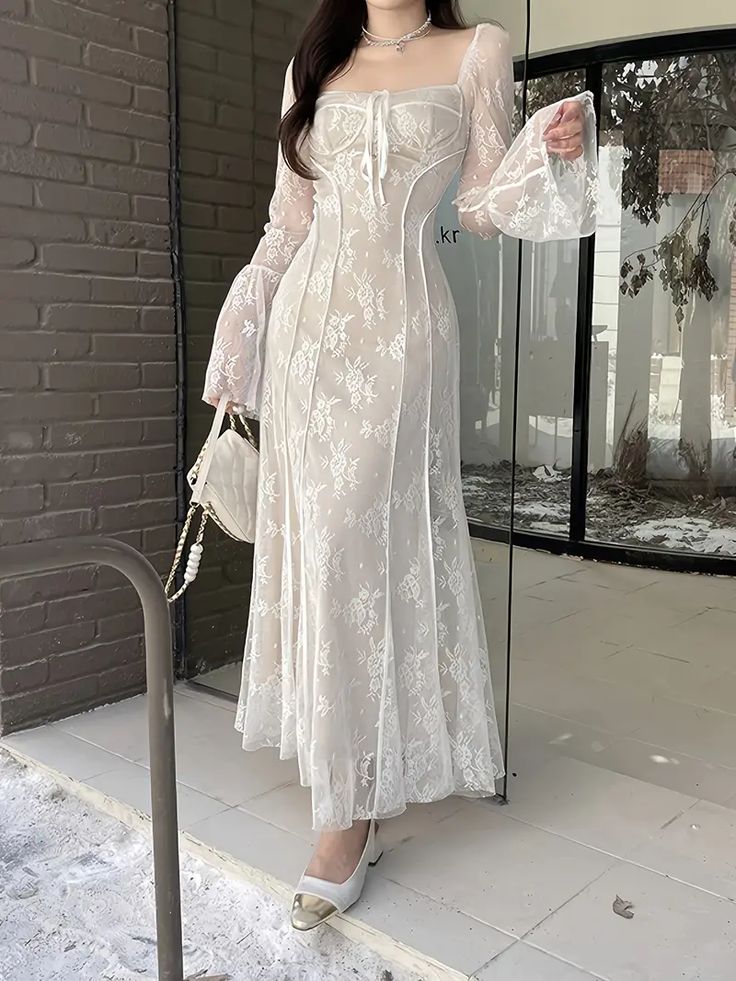 Women's A-line Lace Long Simple Dress, Sexy Elegant Vintage Evening Dress fg6057