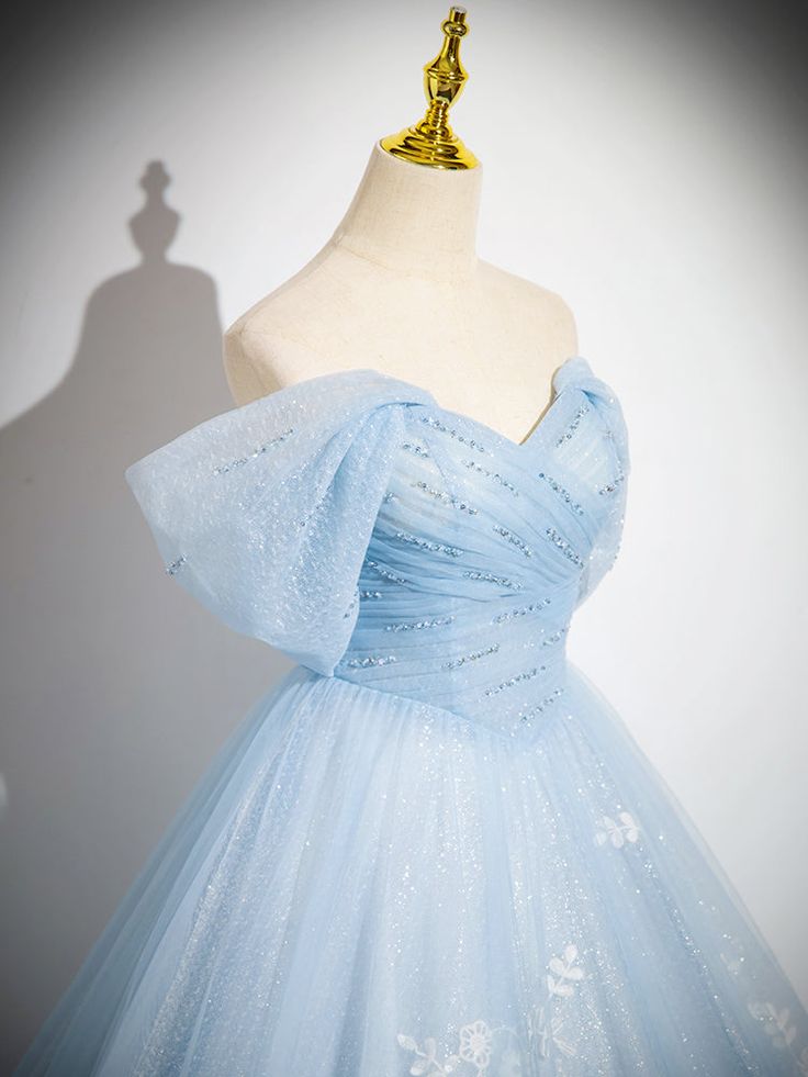 A-Line Off Shoulder Tulle Sequin Blue Long Prom Dress, Blue Sweet 16 Dress fg6727