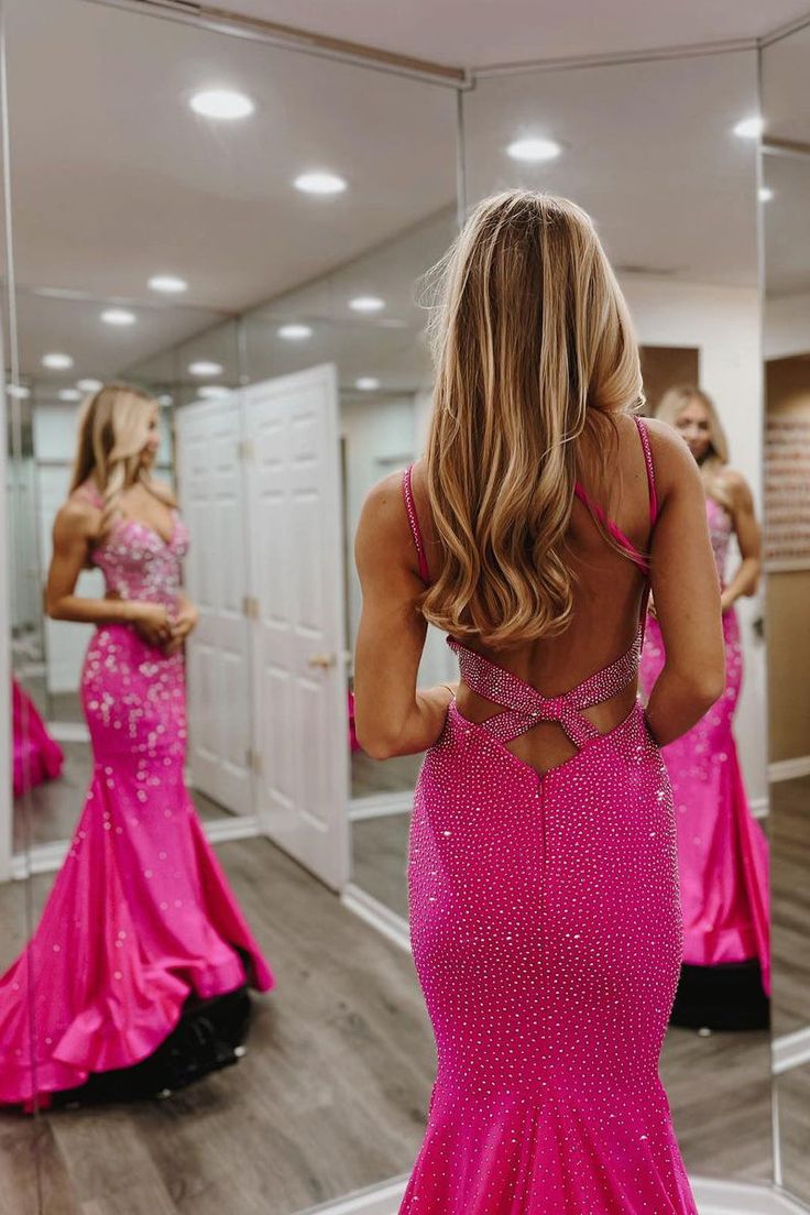 Hot Pink V Neck Satin Mermaid Long Prom Dresses with Beaded fg6746