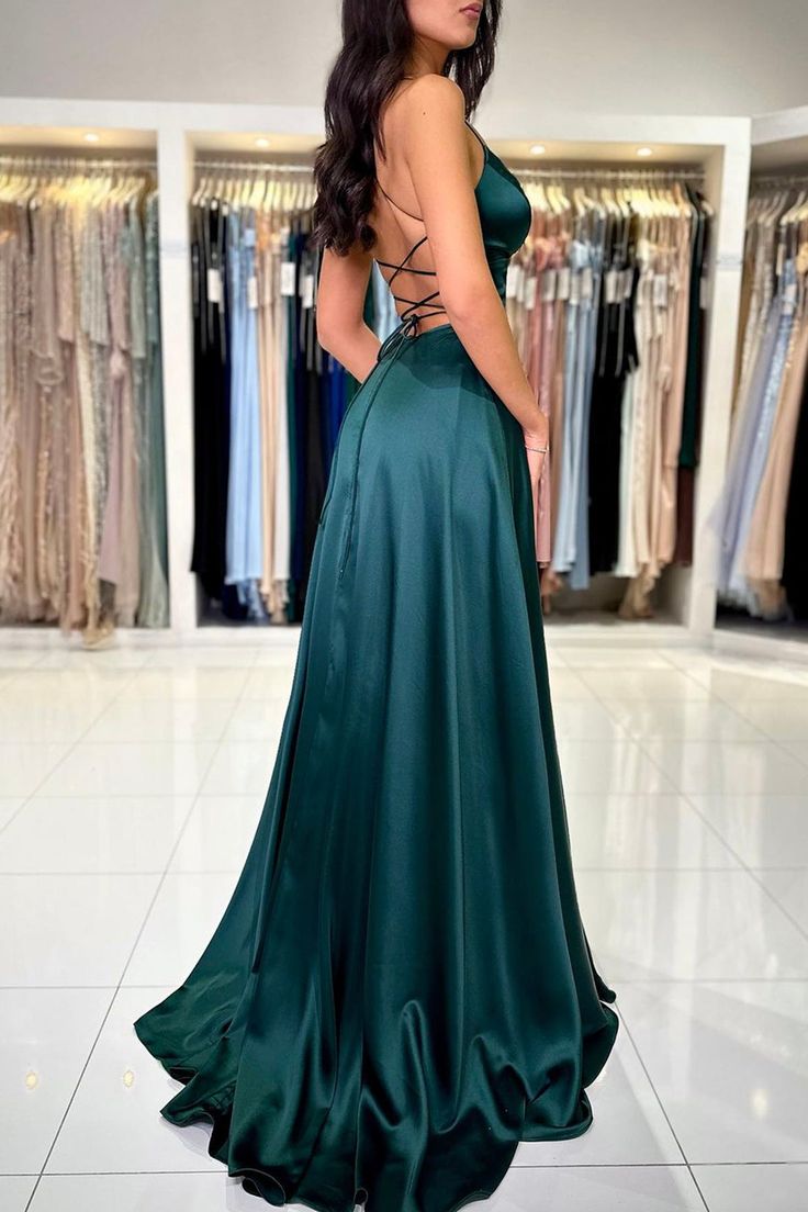 Simple V-Neck Satin Long Prom Dress, Beautiful A-Line Backless Evening Party Dress fg6191
