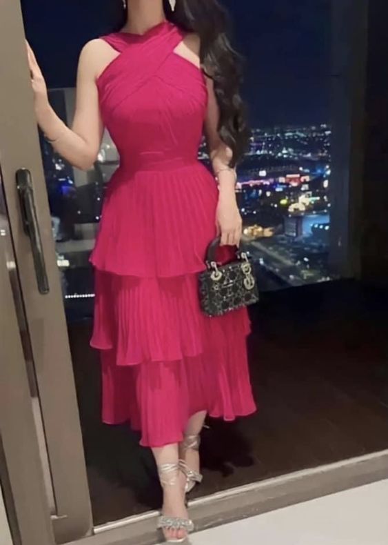 Fuchsia long pleated evening dress, cocktail dress, special occasion dress fg6053