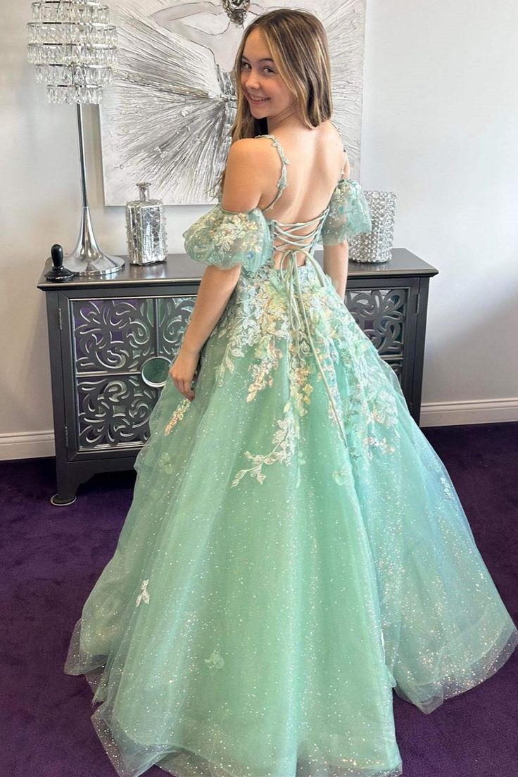 A-Line Appliques Plunge V Long Prom Dress with Detachable Sleeves fg6370