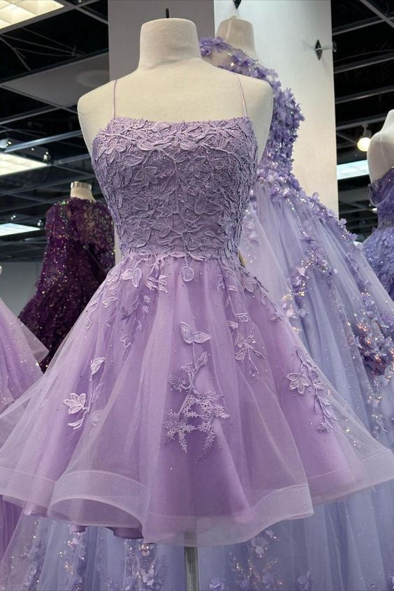 Light Purple Straps Tulle with Lace Party Dress, Light Purple Homecoming Dress fg6037
