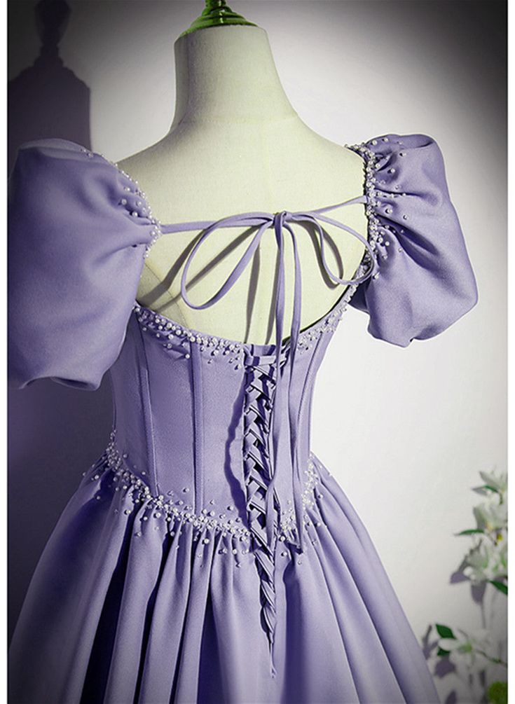 Satin Short Sleeves Beaded Party Dress, A-line Long Prom Dress fg6423