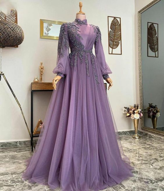 A-line Purple Muslim Evening Dresses fg6038