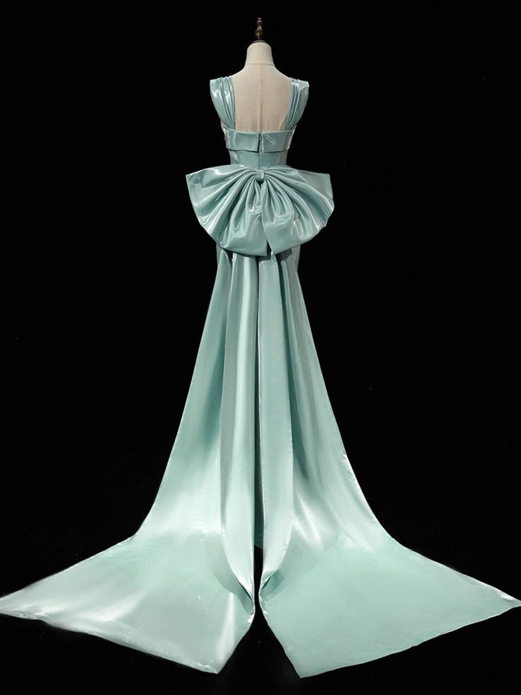 Simple Satin Bow Tie Green Long Prom Dress, Green Long Formal Dress fg6091
