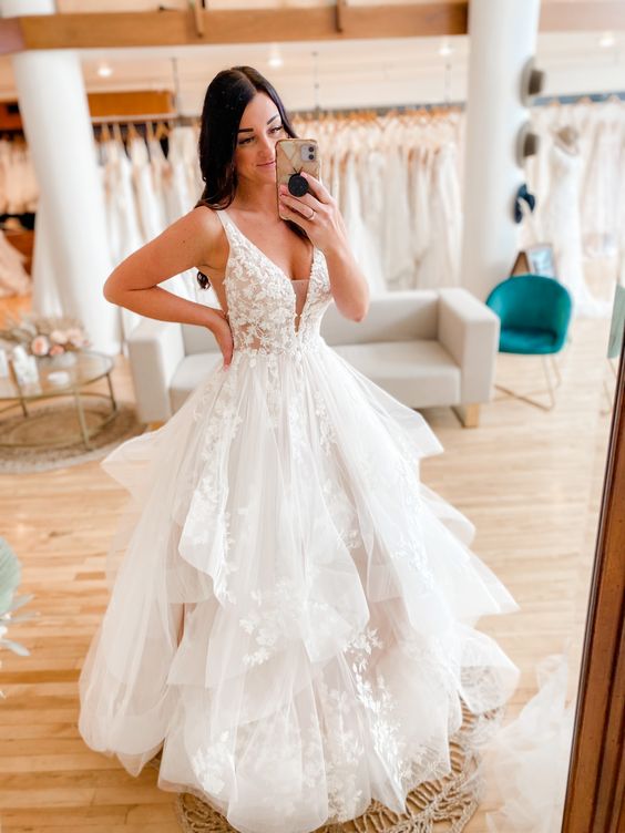 Elegant V Neck Tulle Prom Dresses, Princess Long Wedding Dresses fg5674