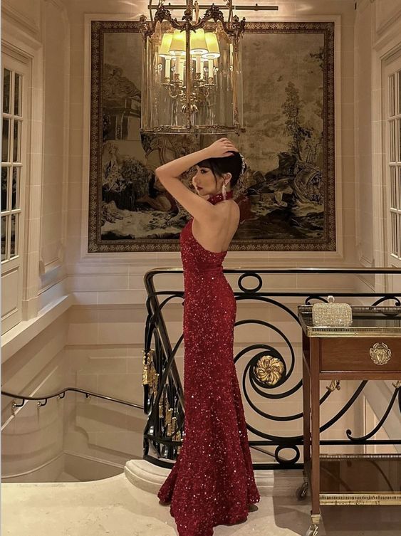 Mermaid Burgundy Halter Sequin Prom Dress, Sequin Evening Dress fg6731