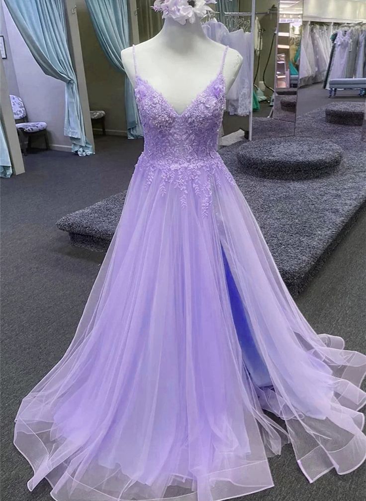 Light Purple A-line Tulle with Lace Prom Dress, Light Purple Long Evening Dress fg5415