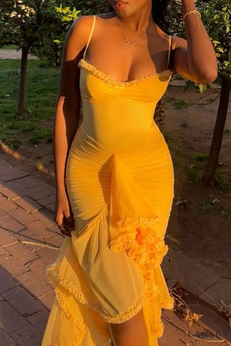 Romantic Ruffle Ruched High Low Maxi Dress Charming Evening Party Dress fg7758