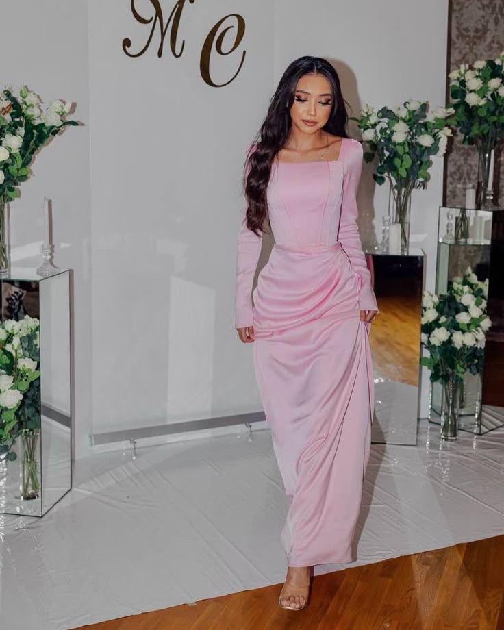 Classy Pink Square Neckline Evening Dress with Long Sleeves fg7554