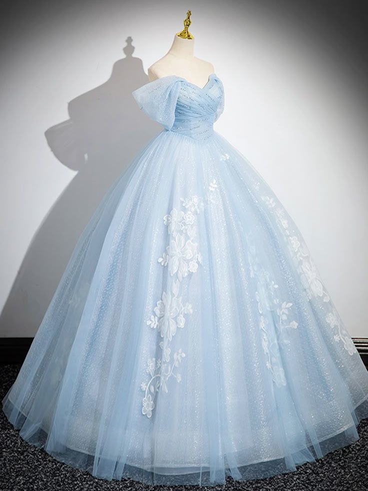 A-Line Off Shoulder Tulle Sequin Blue Long Prom Dress, Blue Sweet 16 Dress fg6727