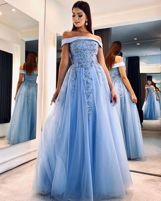 Off the shoulder applique tulle prom dresses beaded long evening dress fg6741