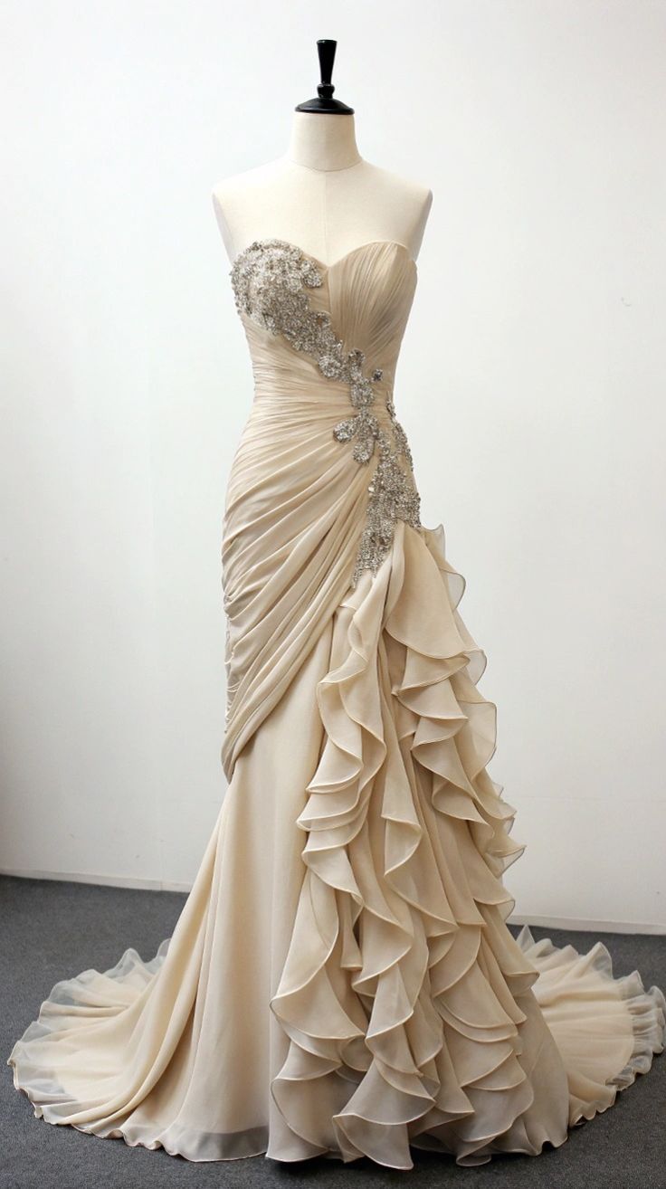 Vintage Mermaid Strapless Champagne Chiffon Prom Dresses Wedding Dress fg7836
