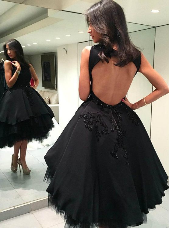 A-Line Black Tulle Backless Knee Length Homecoming Dress fg6131