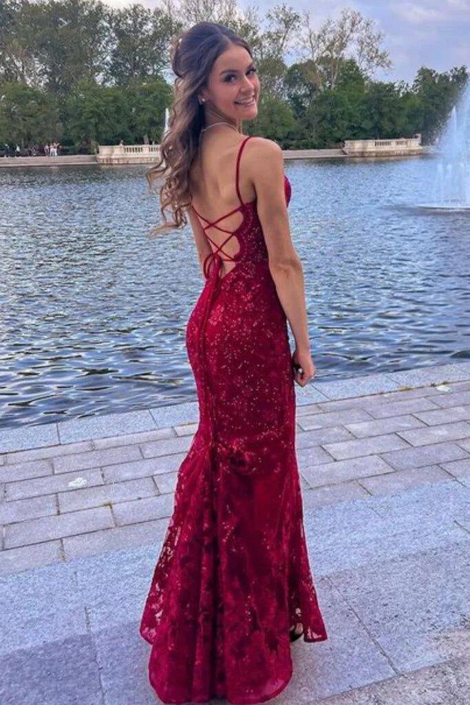 Burgundy Mermaid Lace Sequins Prom Dress Formal Wear Dresses fg6922