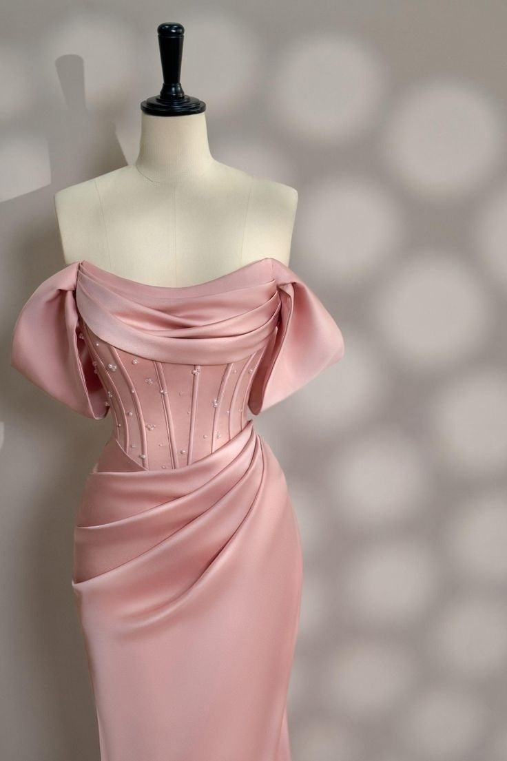 Long Pink Satin Prom Dress Off Shoulder Prom Dress Evening Party Gowns fg7426