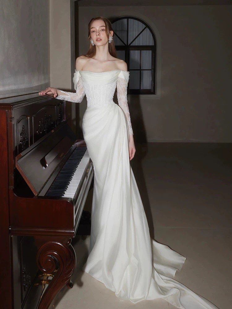 Elegant Off Shoulder Lace Wedding Dress Long Bridal Gown fg7561