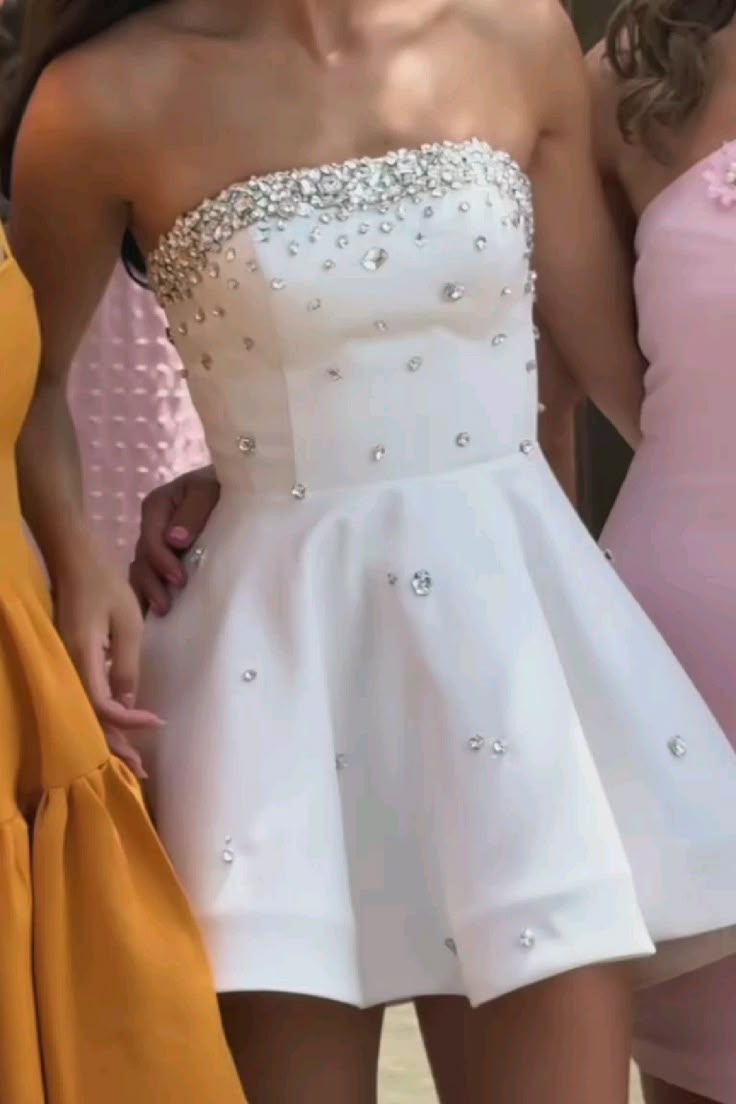 White Strapless A Line Unique Homecoming Dress Sparkly Party Dress fg7545