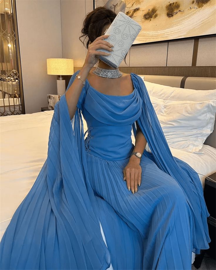 Elegant Blue Chiffon Prom Dresses,A-Line Ankle Length Party Dress fg6434