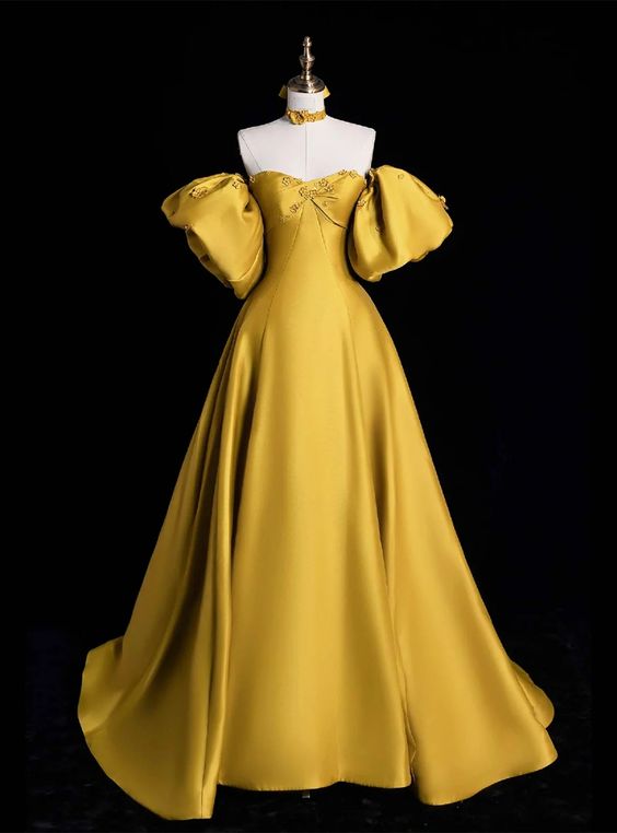 Yellow Satin Lace Long Prom Dress, Beautiful A-Line Off the Shoulder Evening Party Dress fg6755