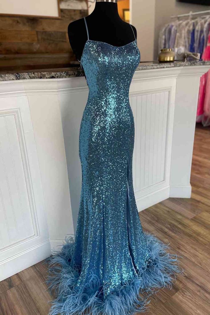 Long Sequined Straps Prom Dress with Feather Hem fg5828