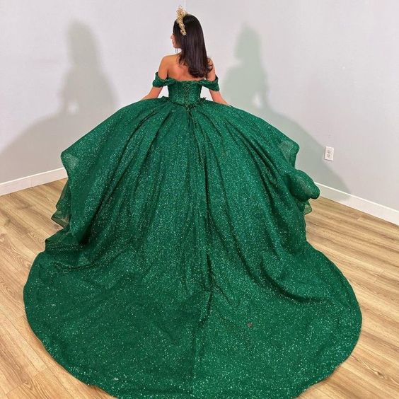Emerald Green Shiny Handmade 3D Flowers Beading Quinceanera Dresses Ball Gown Off The Shoulder Sweet 16 Dress fg5762