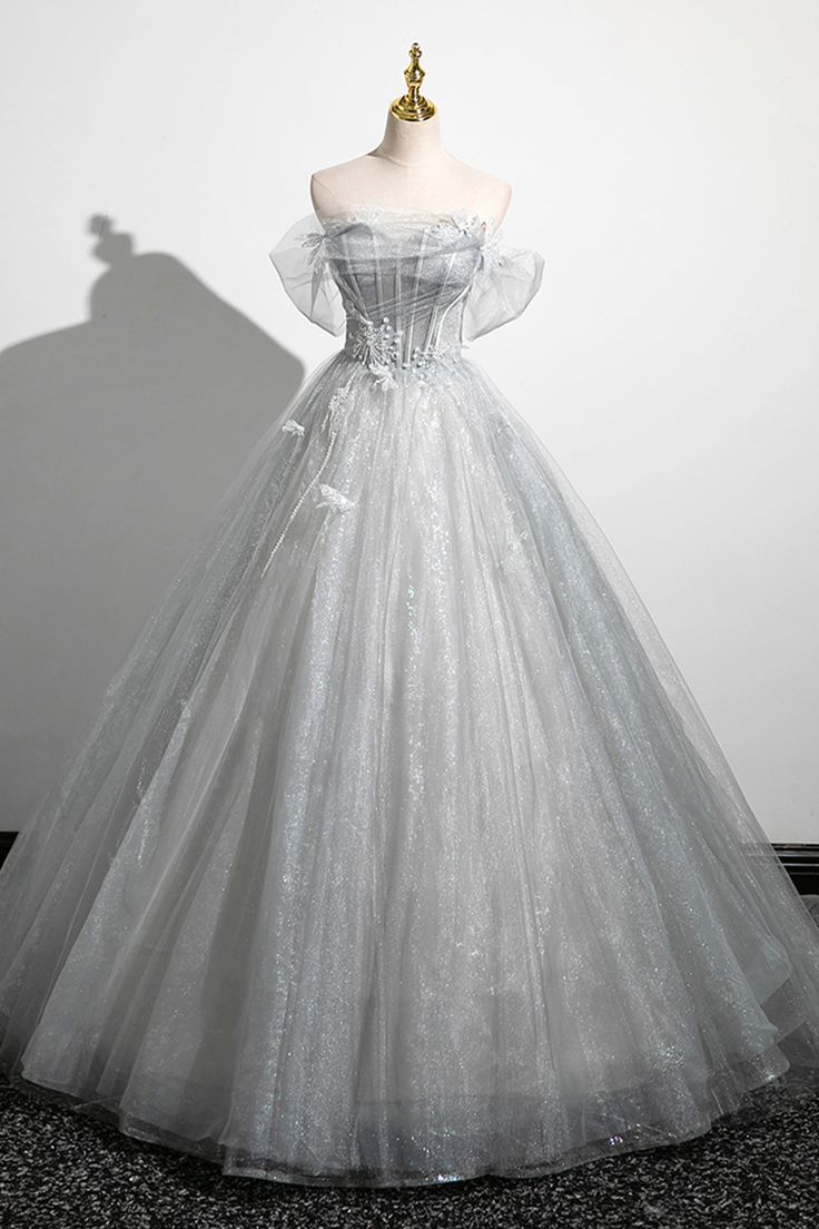 Gray A-Line Off the Shoulder Tulle Prom Dress, Lovely Corset Floor Length Party Dress fg6478