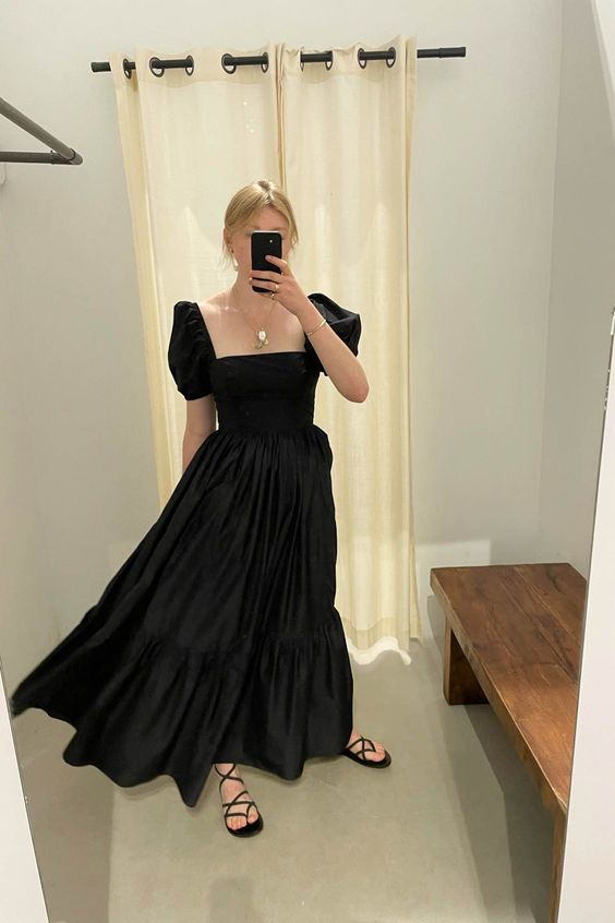 Women Square Neck Puff Sleeve Casual Midi Dress Summer Beach Prom Evening Party Dress fg5821