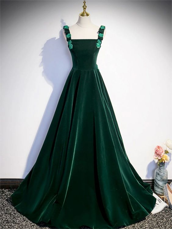 Prom Dresses,a-line Velvet Green Long Prom Dresses, Green Formal Evening Dresses fg5713