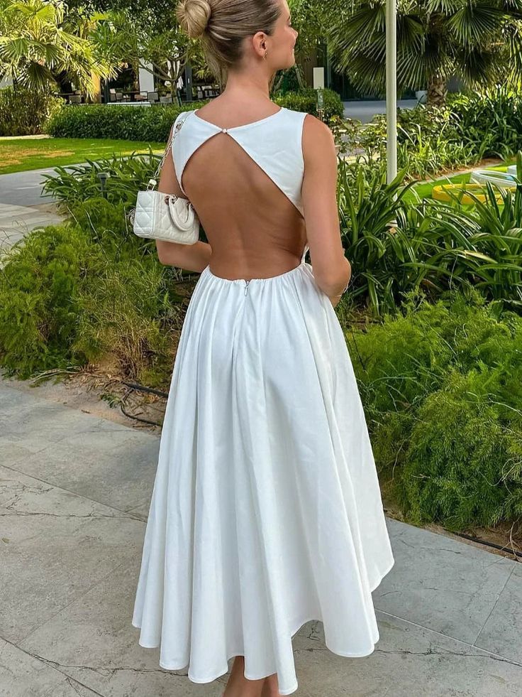 Women's White Backless Long Dress Elegant Sleeveless O-Neck Fashion Party Holiday Dress fg7434