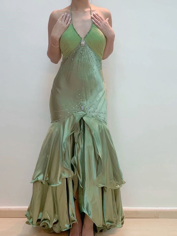 Green Vintage Beaded Long Formal Gown Evening Dress fg6745