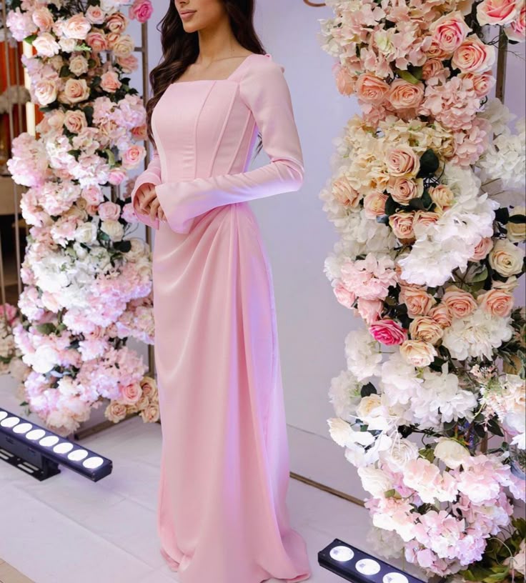 Classy Pink Square Neckline Evening Dress with Long Sleeves fg7554