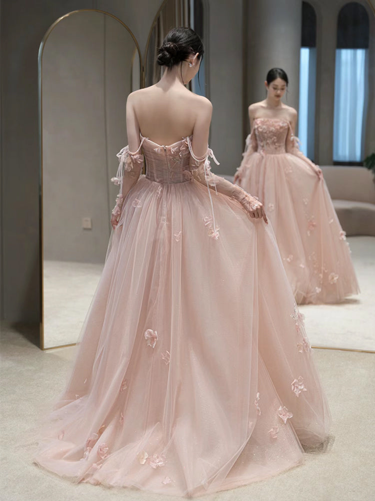 A Line Pink Long Formal Dress Tulle Evening Dresses fg7673