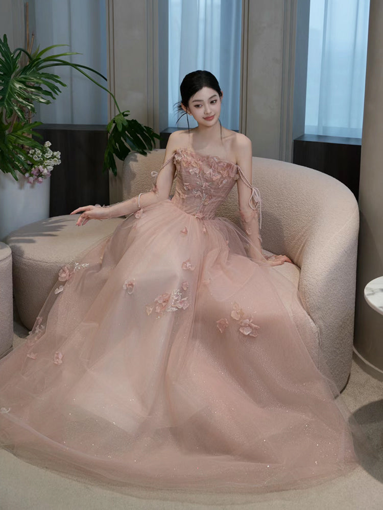 A Line Pink Long Formal Dress Tulle Evening Dresses fg7673