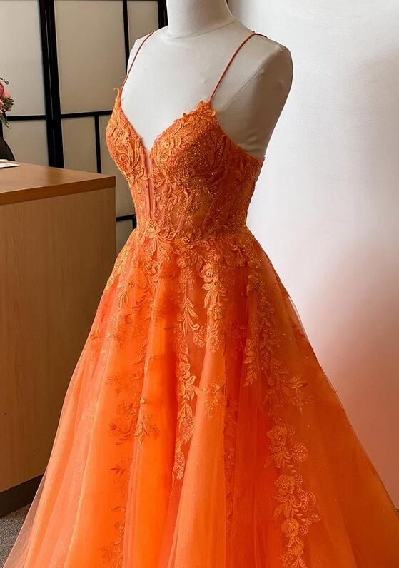 Orange Straps Lace/Tulle Long Prom Dress fg6486