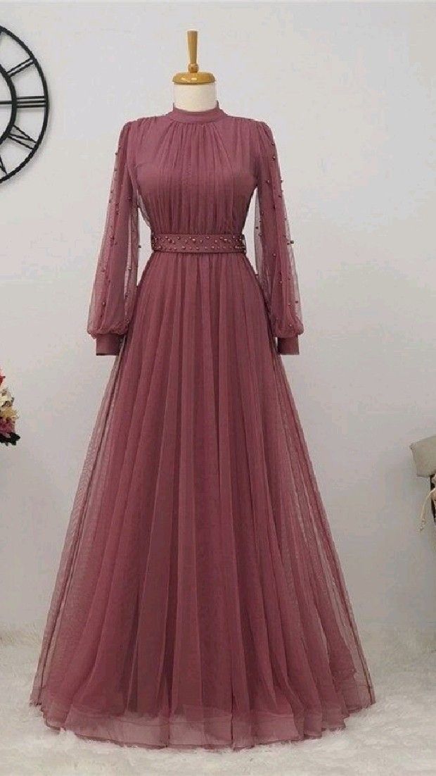 Long Sleeve Prom Dresses, A Line Prom Dresses, Tulle Evening Dresses, Sexy Prom Dresses, Evening Gowns With Pearls fg5989