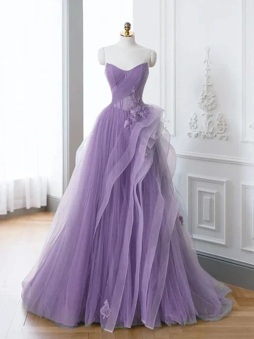 A-Line Purple Evening Dress Long Prom Dress Tulle Lace Prom Dresses fg6499