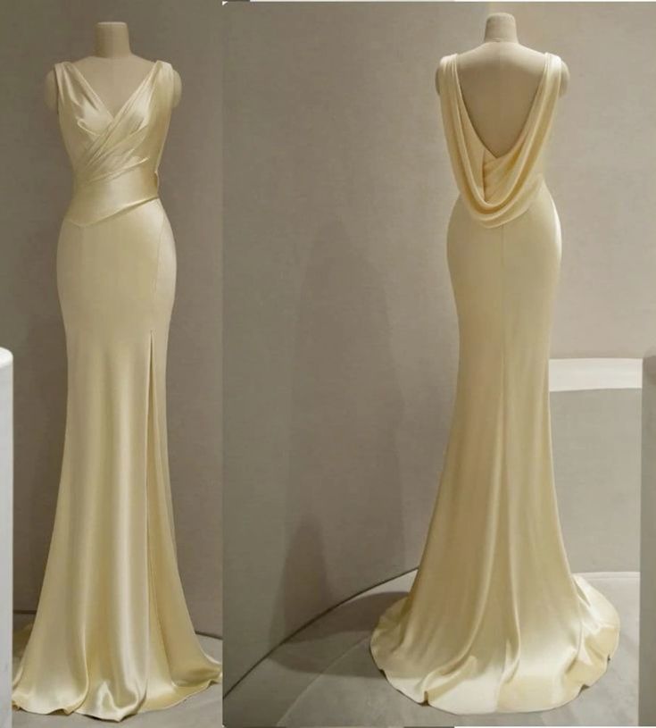 Pastel Yellow Satin Backless Mermaid Long Prom Dress fg6689