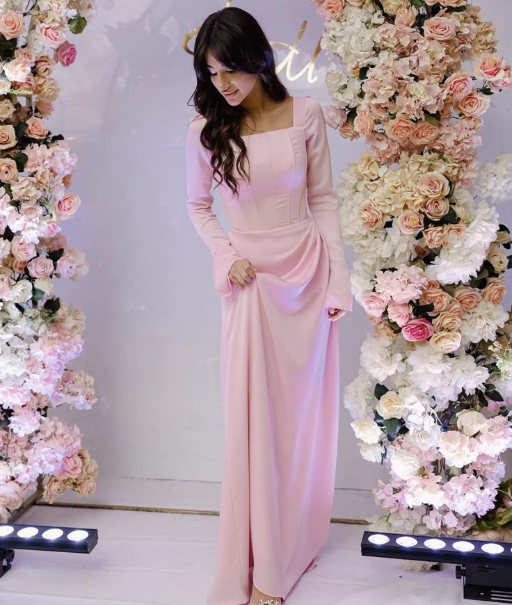 Classy Pink Square Neckline Evening Dress with Long Sleeves fg7554