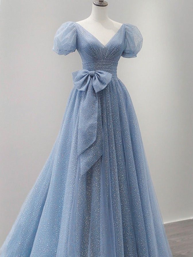 Blue Tulle V Neck Tulle Long Prom Dress, Blue Sweet 16 Dress fg6785