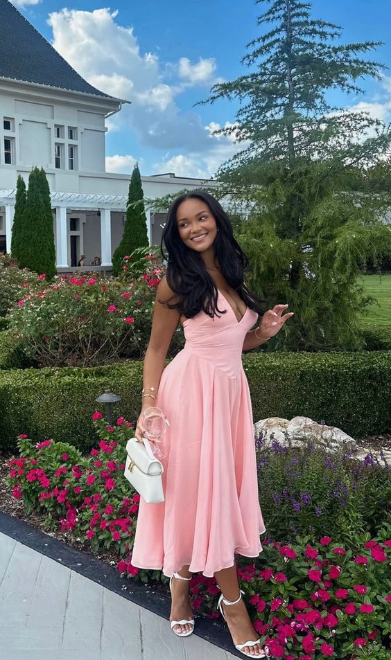 A Line Pink V Neck Evening Dresses Formal Party Dress Prom Gown fg6791