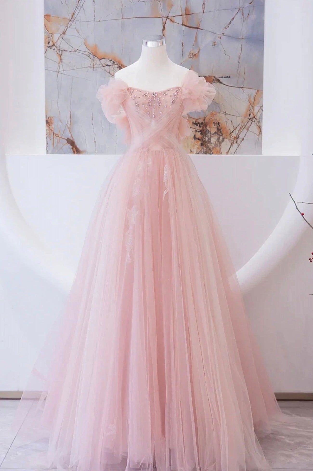 Tulle Beaded Long Prom Dress, A-Line Evening Party Dress fg6228