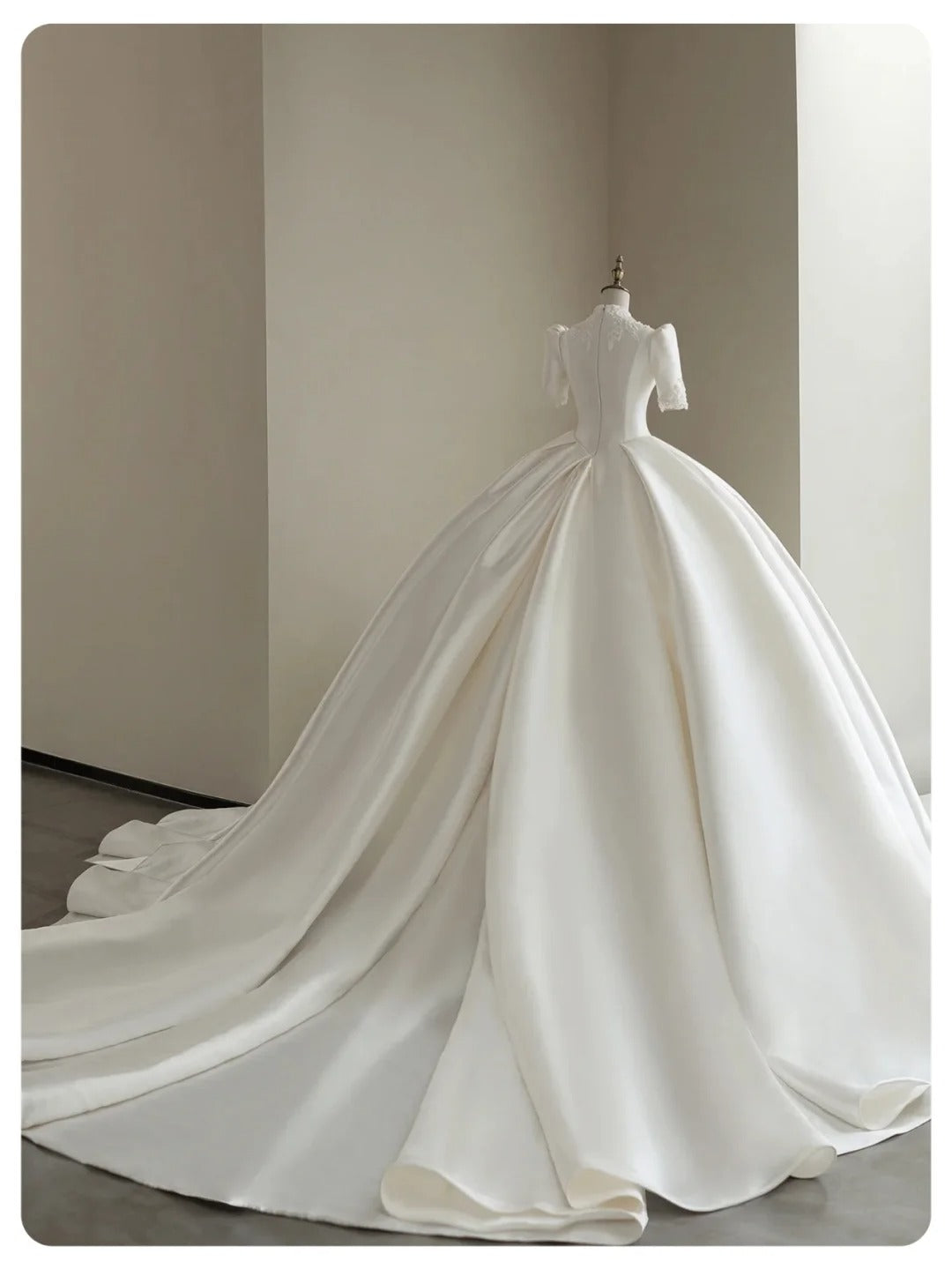 A Line White Deep V Neck Short Sleeves Satin Long Princess Wedding Dress fg8172