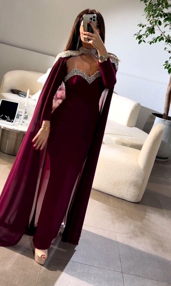 Elegant Middle East Prom Dresses with Chiffon Cape Spaghetti Straps Long Sleeve Evening Gowns Formal Occasion Party Dress fg6411
