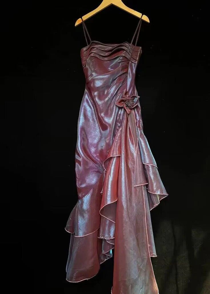 Spaghetti Straps Mermaid Vintage Ruffled Prom Dress With Asymmetry fg5849