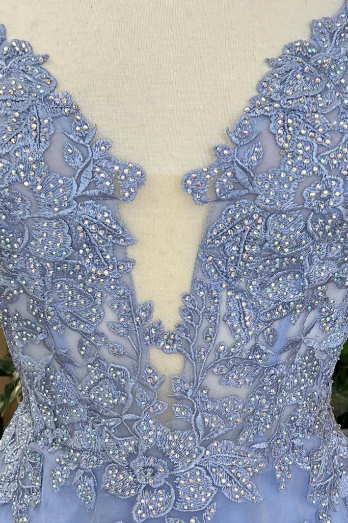 A Line V Neck Blue Lace Long Prom Dress, V Neck Blue Formal Dress, Blue Lace Evening Dress fg5013