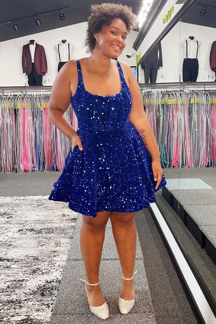 A-Line Square Neck Sequin Short Party Dress Homecoming Dress fg6455
