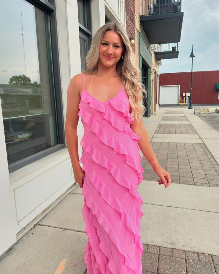 Pink Chiffon Ruffle Party Dress Long Prom Dress fg6396