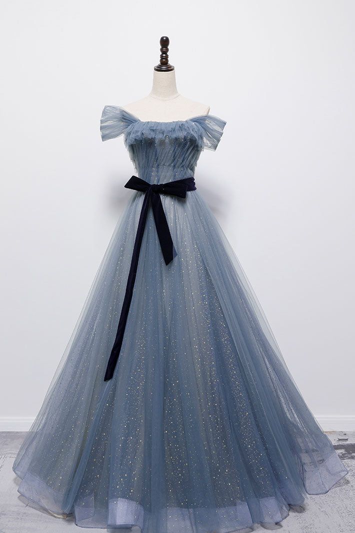 Blue off the shoulder tulle long prom dress , sparkling formal dress fg5442